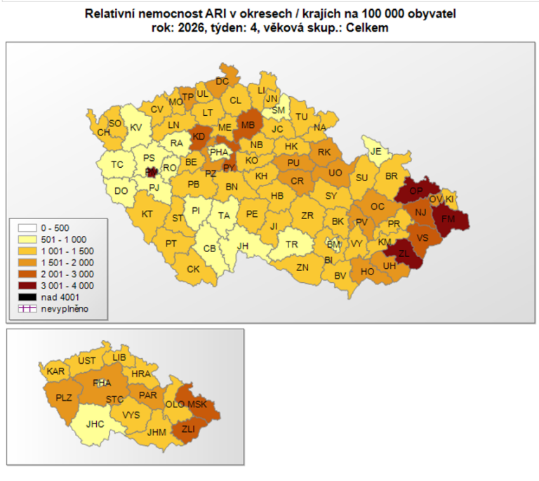 relativní nemocnost ARI 4. týden 2026 ČR graf