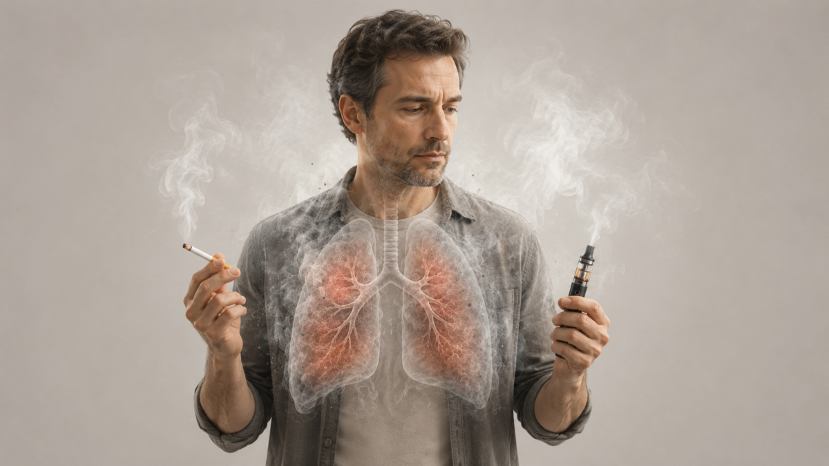 foto muže, který se rozhoduje mezi cigaretou a&nbsp;vapingem; ilustrace AI