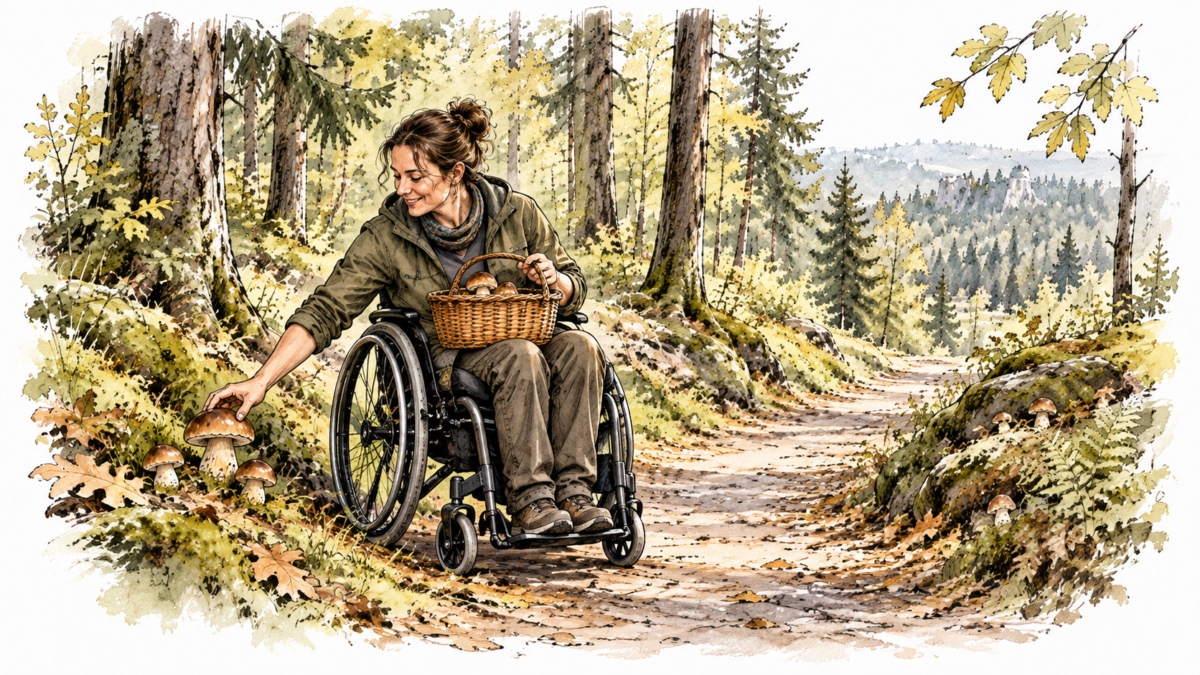 kreslená houbařka na vozíku v&nbsp;lese; ilustrace: AI