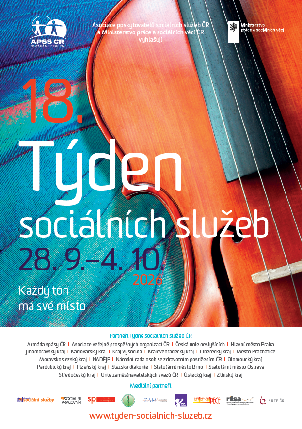 Plakát 18. ročníku Týdne sociálních služeb. Na plakátu jsou uvedení partneři Týdne sociálních služeb ČR: Armáda spásy ČR, Asociace veřejně prospěšných organizací ČR, Česká unie neslyšících, Hlavní město Praha, Jihomoravský kraj, Karlovarský kraj, Kraj Vysočina, Královéhradecký kraj, Liberecký kraj, Město Prachatice, Moravskoslezský kraj, NADĚJE, NRZP ČR, Olomoucký kraj, Pardubický kraj, Plzeňský kraj, Slezská diakonie, Statutární město Brno, Statutární město Ostrava, Středočeský kraj, Unie zaměstnavatelských svazů ČR, Ústecký kraj, Zlínský kraj.