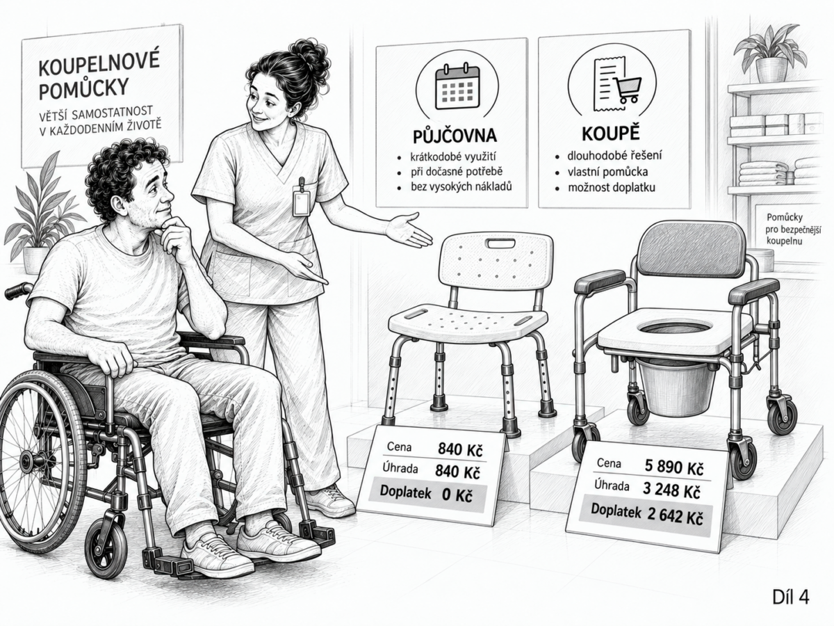 kreslená ilustrace k seriálu Koupelna bez bariér v praxi; zdroj AI