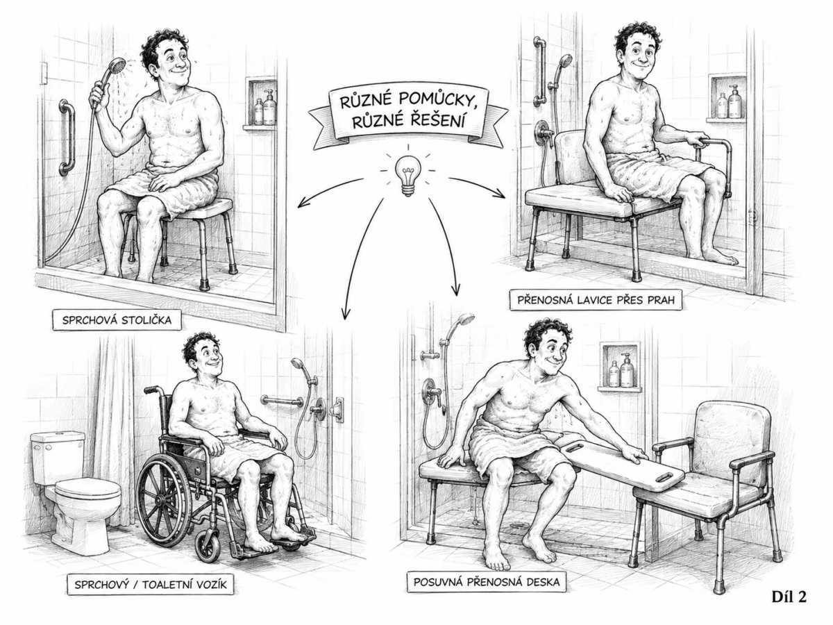 kreslená ilustrace k&nbsp;seriálu Koupelna bez bariér v&nbsp;praxi; zdroj AI