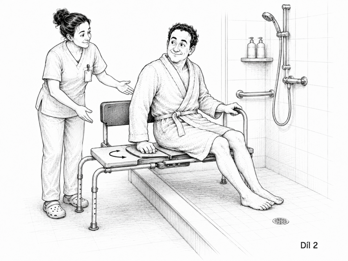 kreslená ilustrace k&nbsp;seriálu Koupelna bez bariér v&nbsp;praxi; zdroj AI