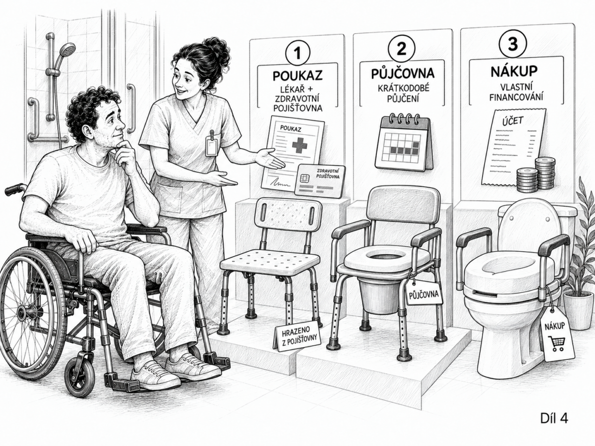 kreslená ilustrace k seriálu Koupelna bez bariér v praxi; zdroj AI