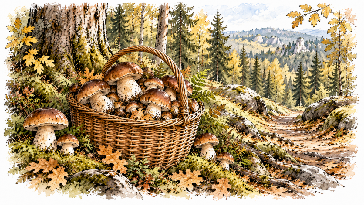 kreslený koš hub; ilustrace AI