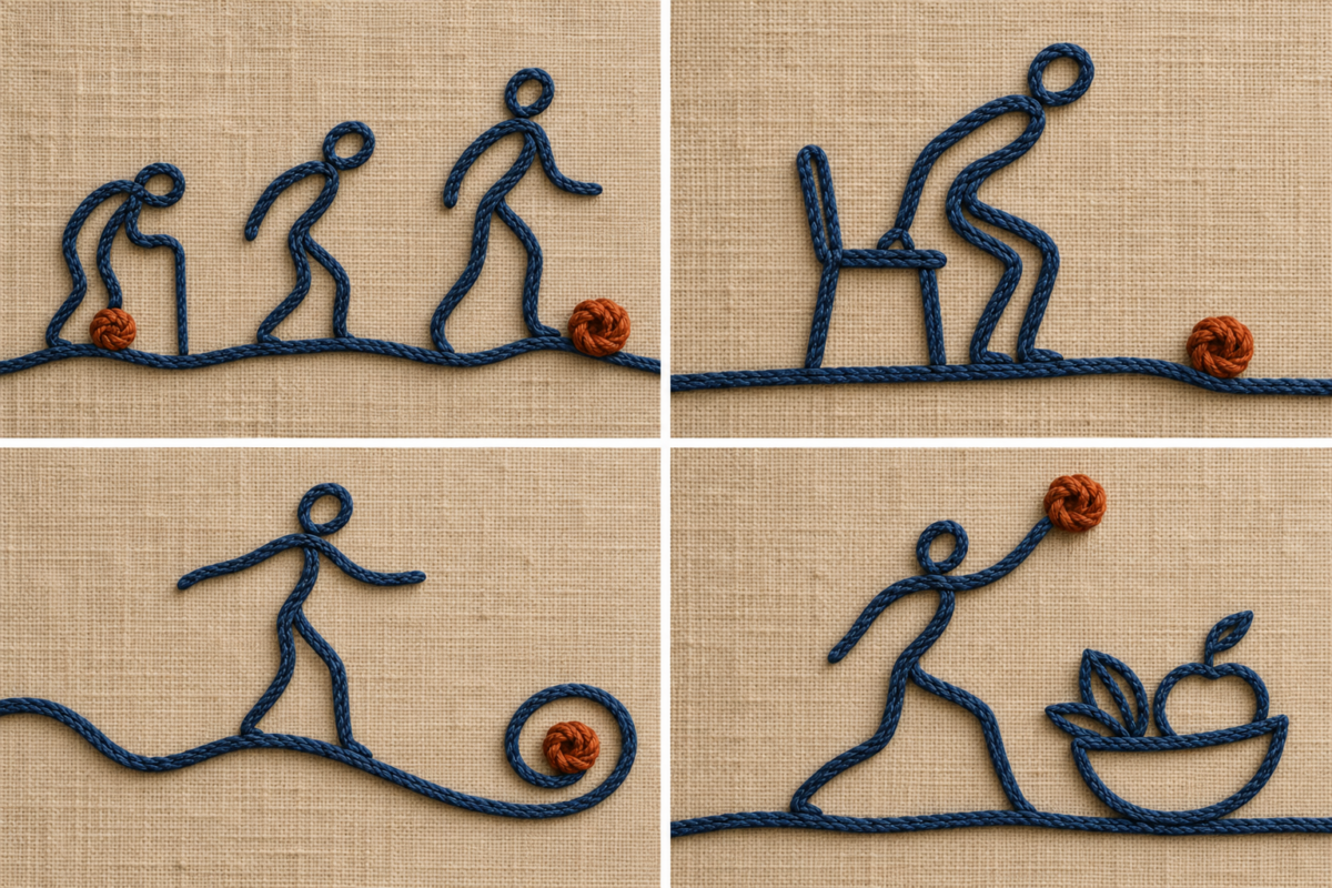 čtyři lanové symboly pohybu a&nbsp;zdraví; abstraktní ilustrace: AI