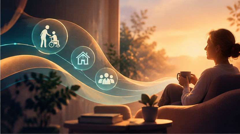 futuristická síť s&nbsp;centrálním avatarem; abstraktní ilustrace AI