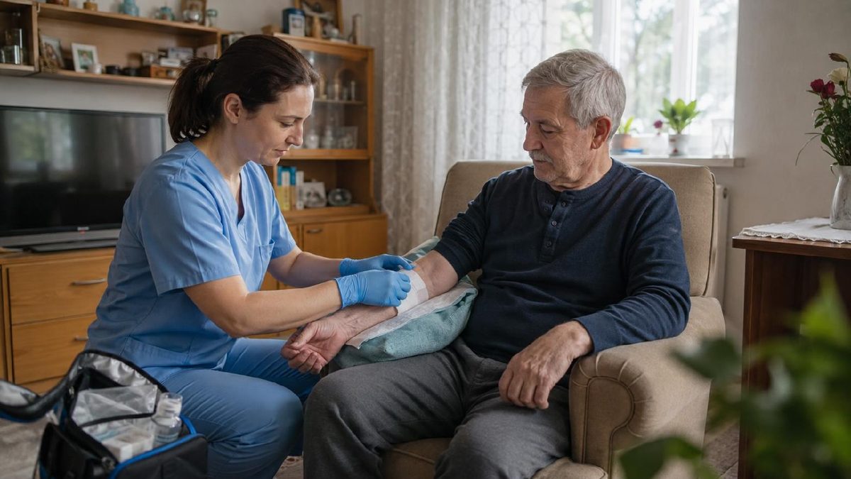 zdravotní sestra ošetřuje ruku seniorovi sedícímu v&nbsp;obývacím pokoji