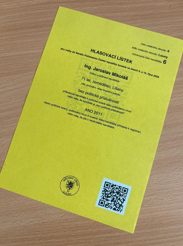 přední strana hlasovacího lístku s&nbsp;textem a&nbsp;malým QR kódem v&nbsp;pravém dolním rohu