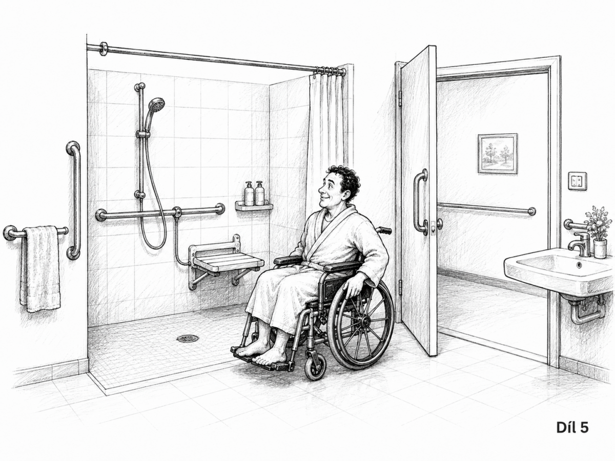 kreslená bezbariérová koupelna s vozíčkářem; ilustrace AI