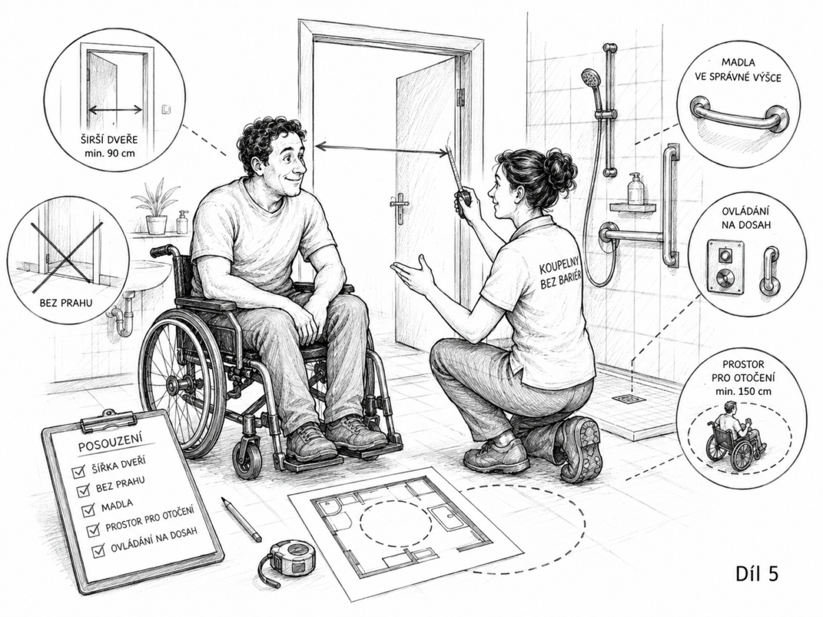 kreslený vozíčkář a ergoterapeutka diskutují nad rozměry v koupelně; ilustrace AI