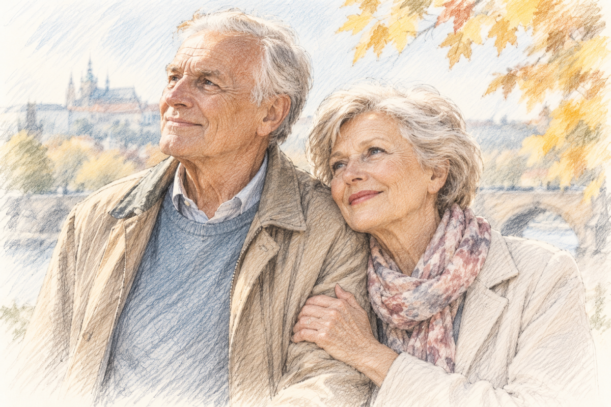 pár seniorů na podzimní procházce; kreslená ilustrace: AI